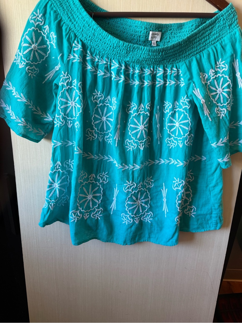 crown & ivy Teal Off-Shoulder Embroidered Blouse